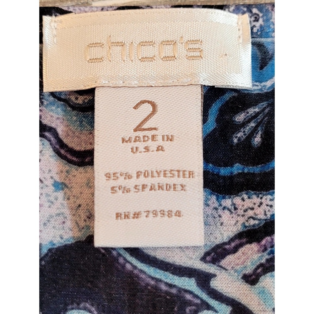 Chicos Medallion Print Rhinestone Draped Tulip Hem Top Purple Blue Size 2 Large - Picture 3 of 7